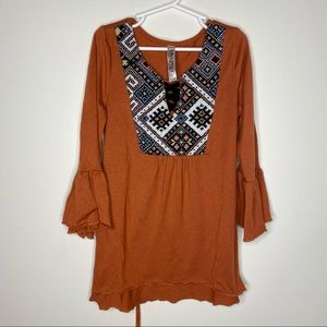 Beautees Boho Girls Top Bell Sleeves LaceUp Orange